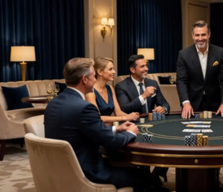 Firmowa uroczystość z eleganckimi stołami pokerowymi i gośćmi w wieczorowych stylizacjach.