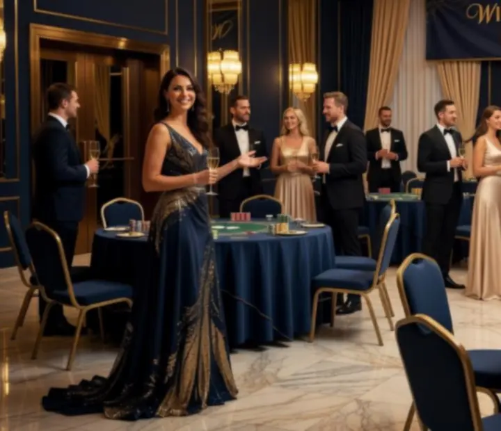Eleganckie wydarzenie firmowe z mobilnymi stołami do gier i nastrojowym oświetleniem