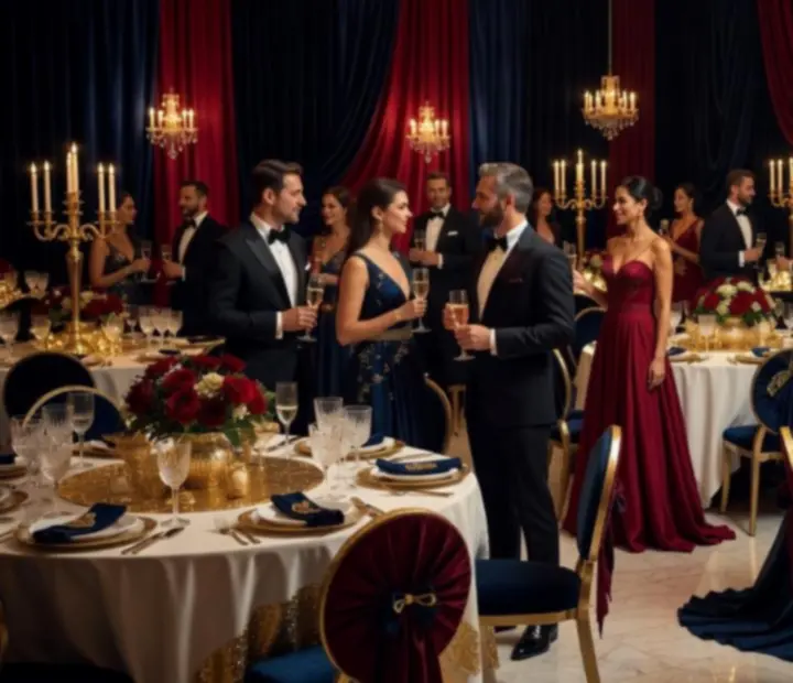 Elegancka sala przygotowana na luksusową uroczystość z oświetleniem w stylu cinematic.