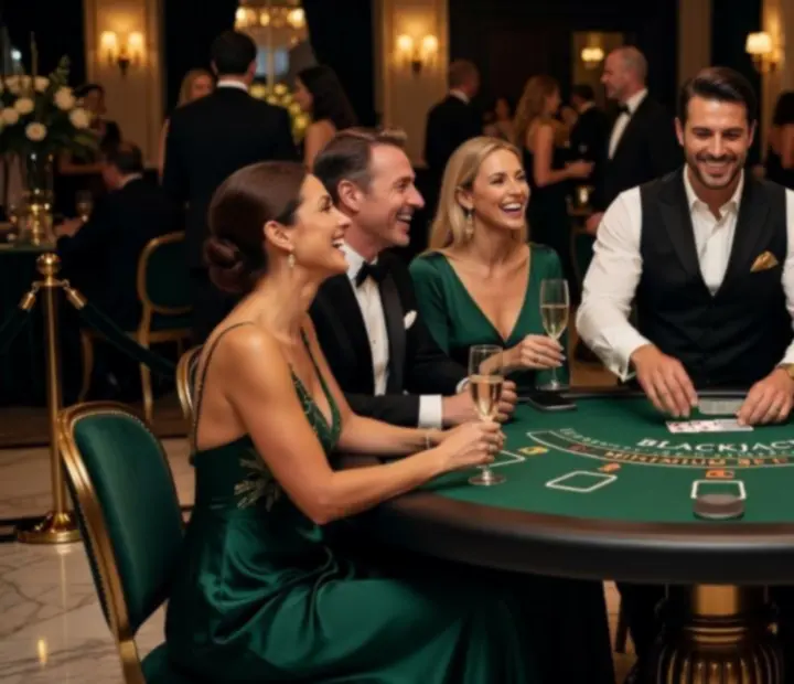 Goście bawiący się przy stołach do gier i w eleganckich strefach loungowych