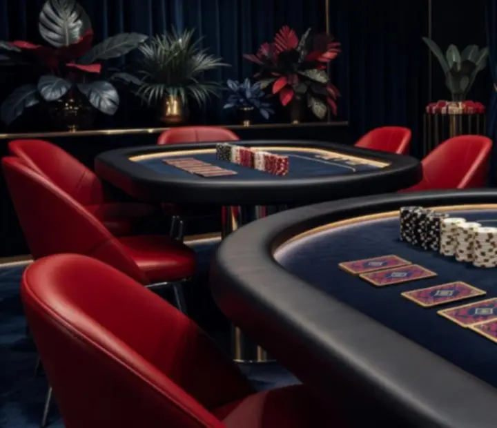 Ekskluzywna strefa pokerowa z eleganckimi stołami i nastrojowym oświetleniem