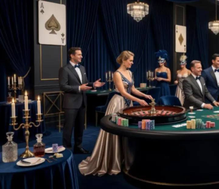 Tematyczna dekoracja wieczoru w stylu kasyna z eleganckim oświetleniem i scenografią.